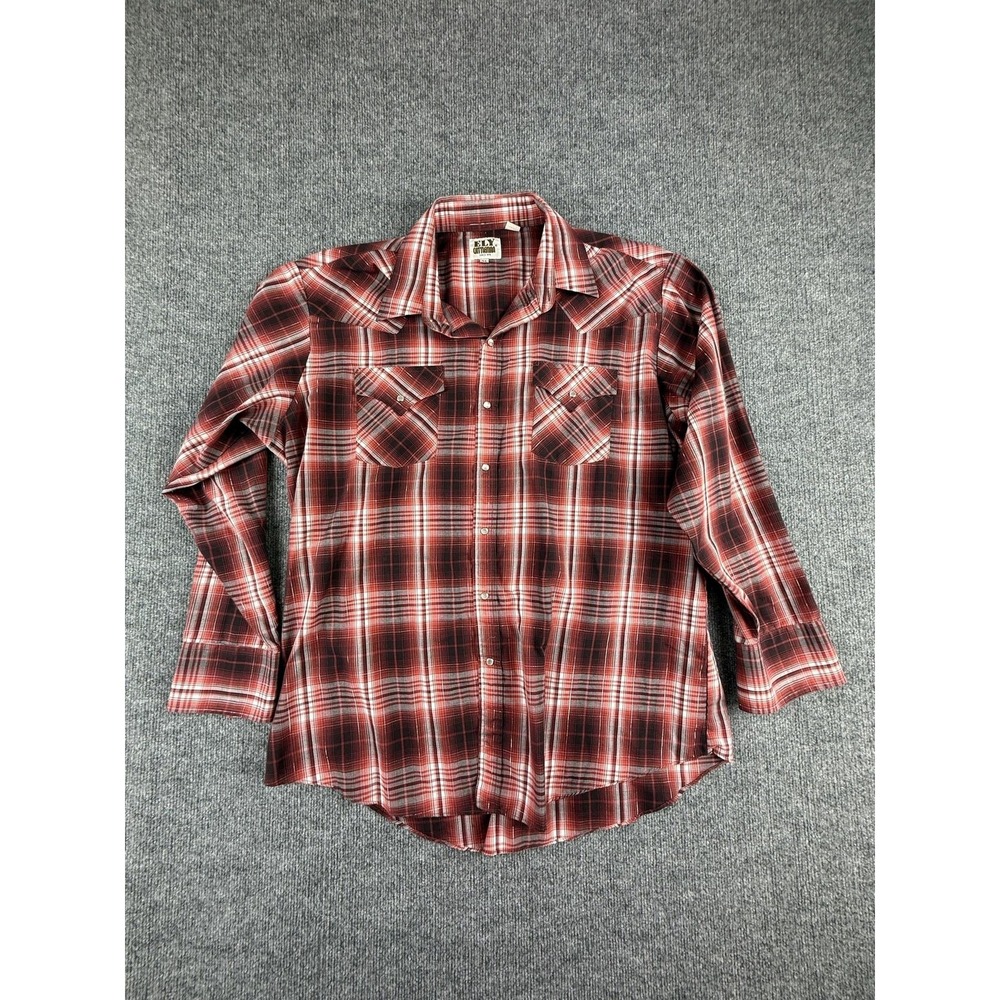 Ely Cattleman Western Shirt Mens XL Red Plaid Pearl Snap Cowboy Long Sleeve